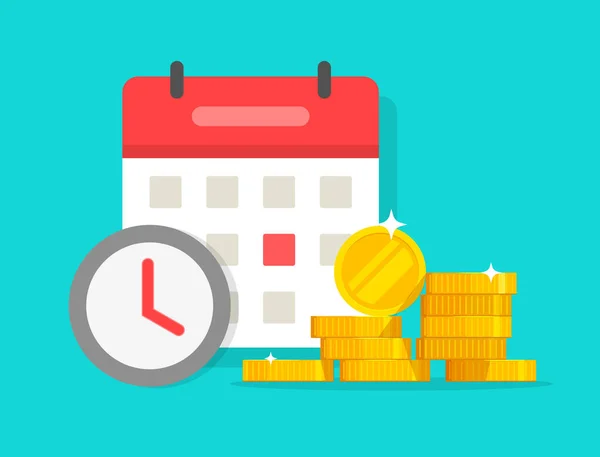 Time money savings vector, flat cartoon timer or clock with lots of loan or credit cash and calendar date, financial waiting or transaction payment deadline, time save success modern image