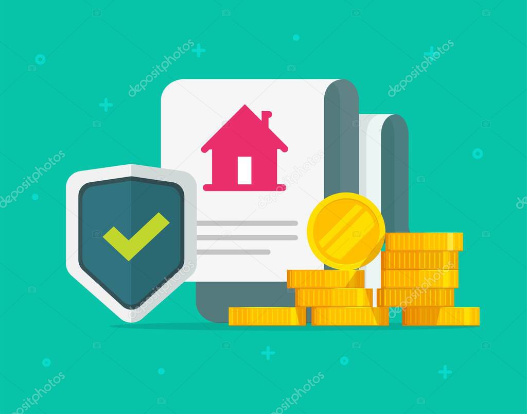 Home insurance policy and house protection coverage legal agreement document with money cash vector, flat cartoon mortgage financial guard, real estate financial deal defence
