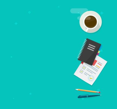 Kahve fincanı, not defteri ve kalem vektör düz çizgi film ile fotokopi masası üst görünümü, eğitim fikri veya çalışma yeri çizimi