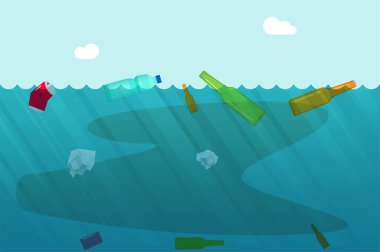 Su kirliliği kavramı, okyanusta yüzen çöplerle ya da kirli denizlerle birlikte çevresel problem taşıyıcı düz çizgi film çizimi, sualtı kimyasal kirliliği fikri modern tasarım