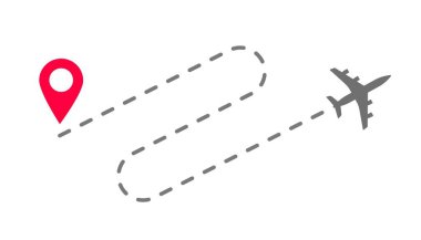 Uçak uçuş yolu izi ya da rota rotası vektörü düz çizgi film illüstrasyonu, uçağın kesik çizgisi