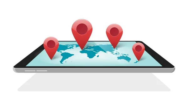世界地図電子接続の旅行や世界的なモバイル物流設計ベクトル3Dイラスト、概念や地球ネットワーク通信のためのピンポインタマーカーとデジタル技術 — ストックベクタ