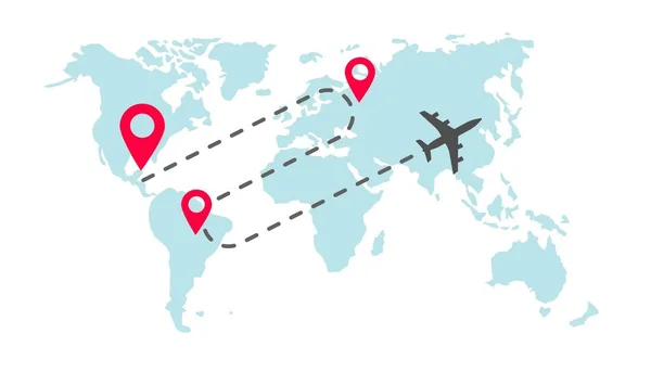 Avion global carte du monde trace de trajectoire de vol avec marqueurs de pointeur de broche d'arrivée ou piste avion dans le monde entier route vecteur destination dessin animé plat illustration, ligne pointillée de voyage de mouche — Image vectorielle