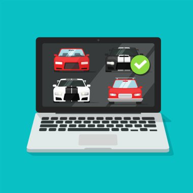 Otomobil otomobil açık artırması online dizüstü bilgisayar veya bilgisayar kiralama araç kiralama internet sitesi web sitesi karşılaştırması otomobil vektör düzlüğü, dijital mağaza satın alma konsepti veya modern ekran satışı