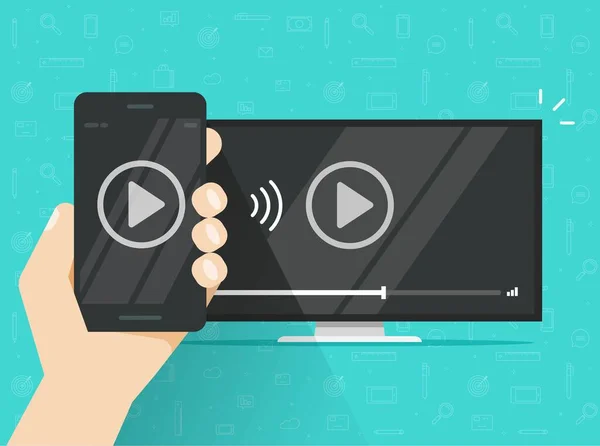 TV yayınına bağlı telefon ve video içeriği mobil teknolojisi izleme veya akıllı telefon cep telefonu ekranı paylaşımı multimedya uygulaması kablosuz olarak düz çizgi film çizimi — Stok Vektör