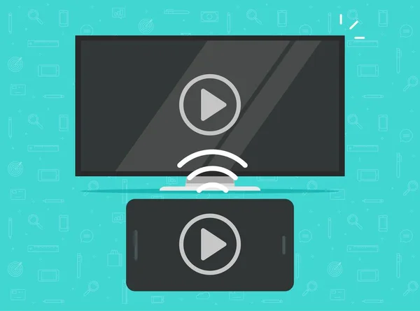 Smartphone οθόνη κοινή χρήση εφαρμογών πολυμέσων ασύρματα ή κινητό τηλέφωνο που συνδέεται με τηλεόραση streaming και βλέποντας βίντεο περιεχόμενο κινητής τεχνολογίας διάνυσμα επίπεδη απεικόνιση κινουμένων σχεδίων απομονωμένη σύγχρονη σχεδίαση — Διανυσματικό Αρχείο