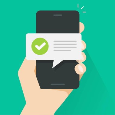 Cep telefonu kullanıcısı, akıllı telefon SMS konuşma baloncuğu üzerinde güncellenmiş kontrol işareti ve metin vektörü düz çizgi filmi, dijital güncelleme tamamlama veya kabul edilmiş uyarılar içeren bildirim iletisini ertele