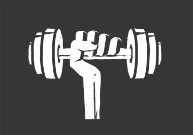 Fitness spor salonu logosu fikri antika vektör illüstrasyonu, el simgesindeki dambıl ağırlığı izole edilmiş siyah ve beyaz klipli modern tasarım