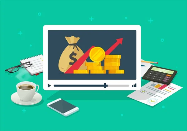 Seminario web de inversión aprendizaje video cursos vector en línea, acciones estudio de formación de comercio de mercado, la educación de la planificación financiera, internet escuela web de lección de economía, presupuesto de dinero y efectivo tutorial — Vector de stock