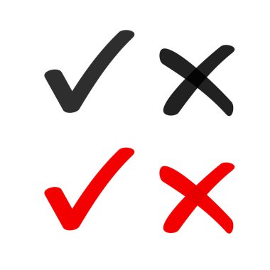 Evet, seçili kutucuk listesi işaretleyicisi işaretlemiyor simge vektörü izole edilmiş, x ile kapatılmış çapraz çizgi, tamam karalama anketi oy işareti, doğru yanlış çizim, onaylanmış ve reddedilmiş karar formu element işaretini kabul et veya reddet