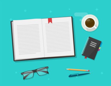 Kitap ya da defter günlüğü masa üstü vektörünü öğrenme, ders kitabı metin sayfaları yazma, yer imli not defteri, kalem ve kalem iş yeri düz çizgi film resimli modern tasarım üzerine açık okuma
