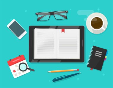 Dijital kitap okuma, tablet bilgisayar vektörü düz çizgi film illüstrasyonu üzerine elektronik defter okuyucu, çalışma masasının üzerinde kitap öğrenme fikri, eğitim kavramı modern moda tasarımı
