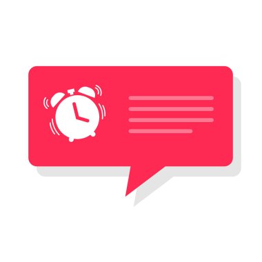 Alarm saati anımsatıcı ileti baloncuğu uyanma vektörü, zamanlayıcı bildirim düz biçim simgesi, metin kedisi uyarı kırmızı rengi