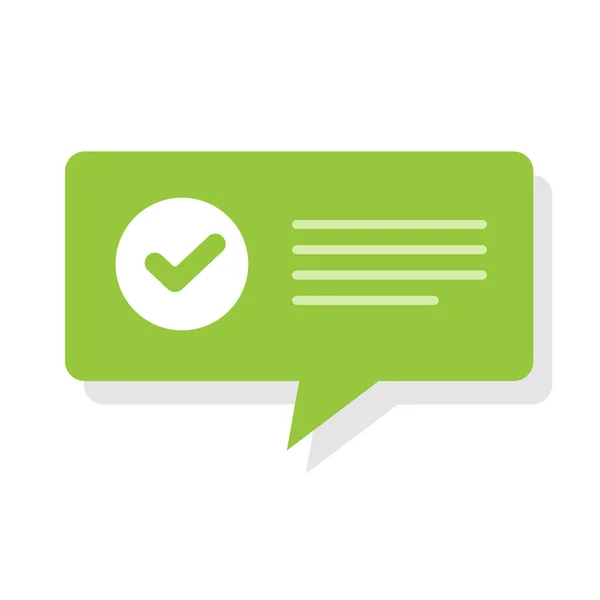 Confirm notice accept message with check mark vector speech bubble, verified checkmark approved notification vector flat cartoon, valid online updated task symbol tick note ui element design — Stock Vector