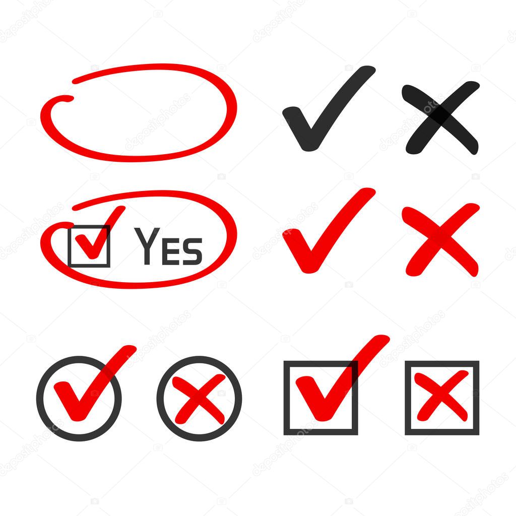 Yes no check box list marker ticks, felt tip pen highlight vector, handwritten x close cross, ok doodle poll vote checkmark, right wrong drawing, approved declined decision form element, accept deny