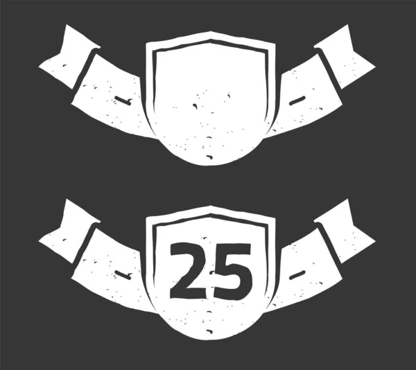 25 tahun ulang tahun logo penghargaan pita vektor ikon retro vintage gaya lama, 25 tahun ulang tahun simbol kosong koleksi kosong diisolasi pada latar belakang gelap hitam dan putih kotor grunge - Stok Vektor