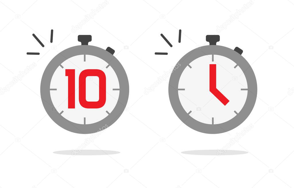 Stopwatch timer icon vector set with fast time count down flat cartoon, stop watch digital and analog countdown symbol, color chronometer sign or pictogram isolated clipart image