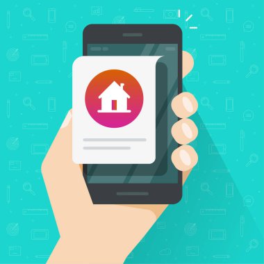 Ev bilgisi çevrimiçi iletisi cep telefonu kişisi el vektörü düz çizgi film illüstrasyonu, akıllı cep telefonu bildirim dijital uygulama aygıt, kira veya uygulama kavramı