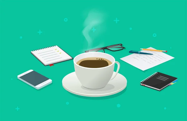 Coffee cup break on working desk business table isometric vector εικονογράφηση κινουμένων σχεδίων, πρωινό ιδέα για το χρόνο εργασίας, ποτό κούπα έννοια — Διανυσματικό Αρχείο