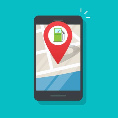 Benzin istasyonunun haritası cep telefonu akıllı telefon uygulaması şehir konum belirleyici vektörü, benzin yakıtlı dijital cep telefonu navigasyon GPS yakıt pompası yön haritası