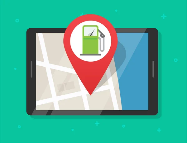 Online gas petrol fuel station map with navigation application on digital tablet computer, position pointer on roadmap refuel pump gps location marker route plan vector isolated — 스톡 벡터