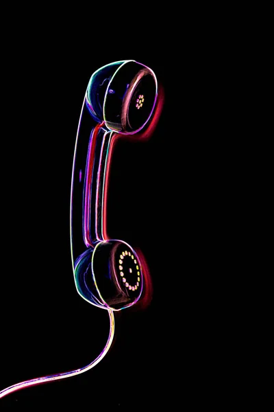 Neon Telephone Receiver Glowing Black Background — Stock Photo, Image