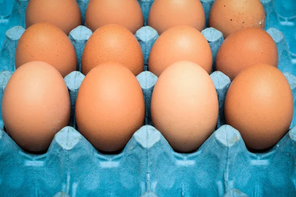 Свежие органические яйца в картонном лотке — стоковое фото