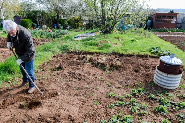 Hombre preparando el terreno para cultivar verduras propias en una parcela gard — Foto de Stock