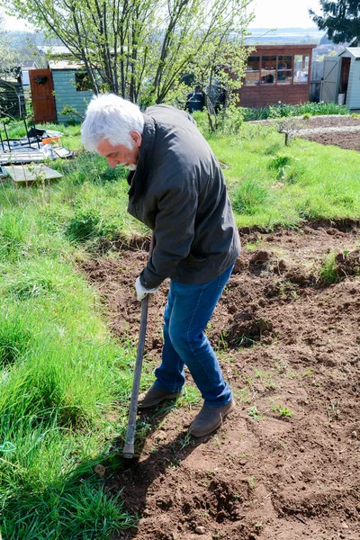 Hombre preparando el terreno para cultivar verduras propias en una parcela gard — Foto de Stock