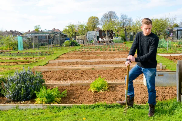 Jardinero masculino en la parcela con herramientas de trabajo — Foto de Stock