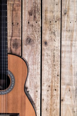 Vintage tarzı ahşap arka plan akustik gitar. Alan zekâsını kopyalama