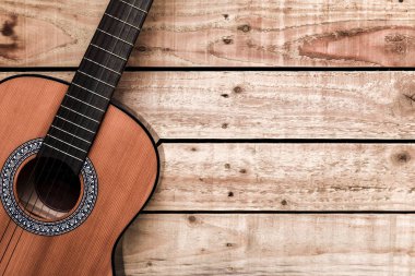 Vintage tarzı ahşap arka plan akustik gitar. Alan zekâsını kopyalama