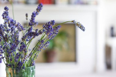 Oturma odasının içinde kokulu mum ve sehpanın üzerinde lavanta çiçekleri var.