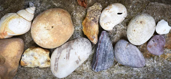 Banner Natural Rocks Pebbles Arranged Granite Surface — Stock Photo, Image