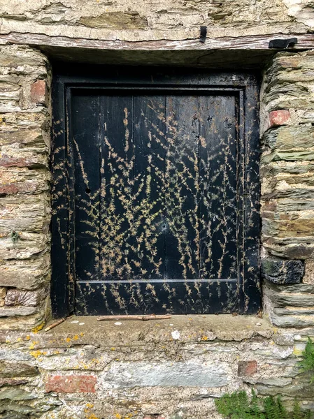 Stare Drzwi Lub Okna Kamiennej Ścianie Zarośniętymi Roślinami — Zdjęcie stockowe