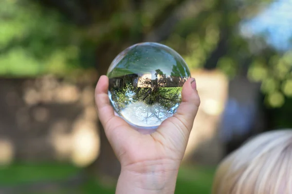 Ein Junge Hält Eine Glaskugel Mit Reflexion Eines Baumes Als — Stockfoto