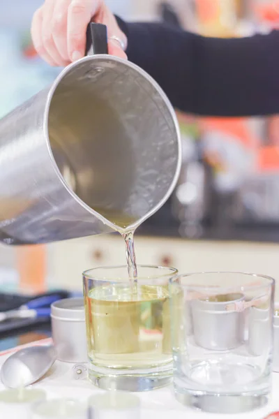 Creative Occupation Candle Making Showing Pouring Liquid Wax Jars — Stock Photo, Image