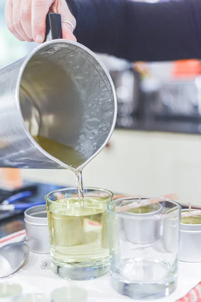 Creative Occupation Candle Making Showing Pouring Liquid Wax Jars — Stock Photo, Image