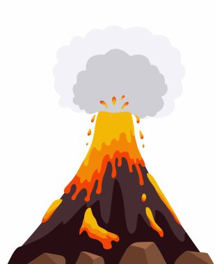 Patlayan bir volkan, koyu kaya oluşumlarıyla çevrili, yukarı doğru fışkıran canlı lavlar sergiliyor ve bu düz tasarımda yoğun ve dramatik bir atmosfer yaratıyor.