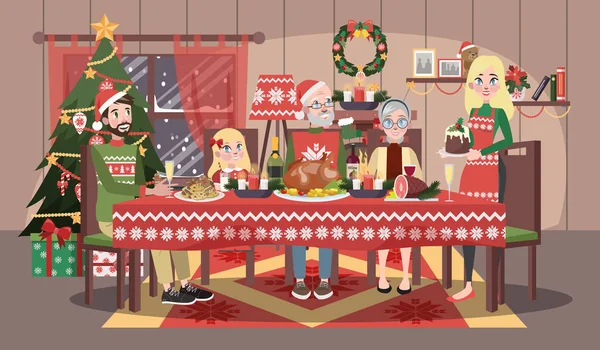 Happy family sitting at the christmas table. — Stock Illustration Happy family sitting at the christmas table. Stock Vector