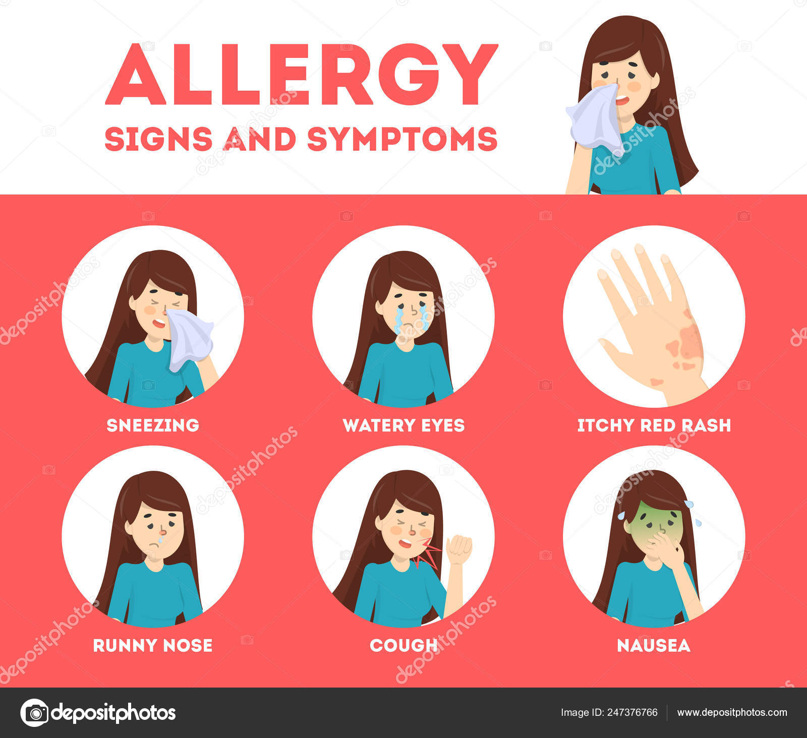 Allergy Symptoms Infographic Runny Nose And Itchy Skin Stock