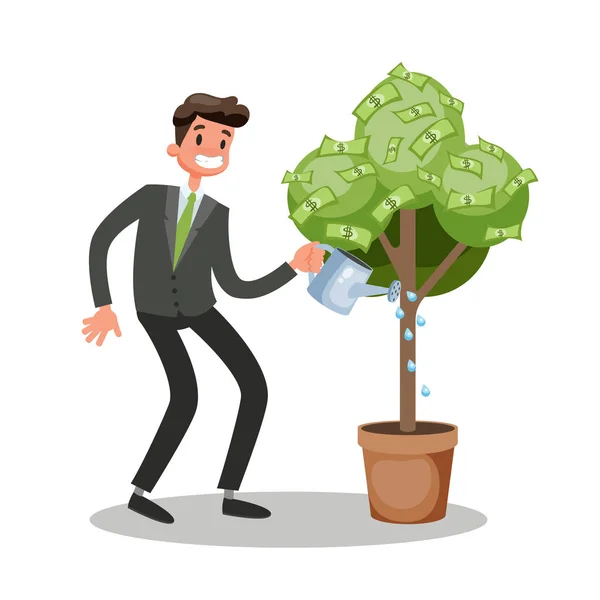 Happy businessman in a suit water a money tree