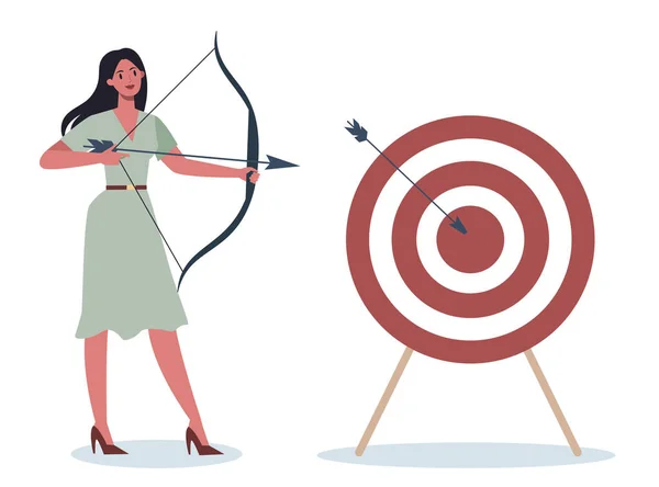 Business character aiming in target and shooting with arrow. Employee