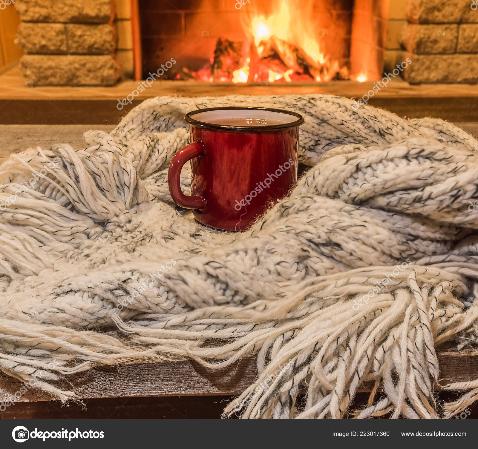 Red Enameled Mug Hot Tea Cozy Warm Scarf Fireplace Country Stock