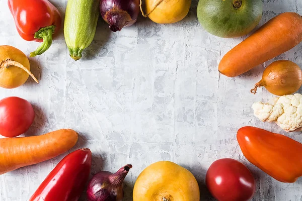 Food concept. Mockup. Flat lay view of layout made of various vegetables copy space for text.