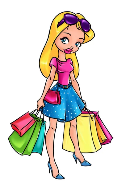 Menina Loira Bonita Sacos Compras Desenho Animado Ilustração Imagem Isolada — Fotografia de Stock