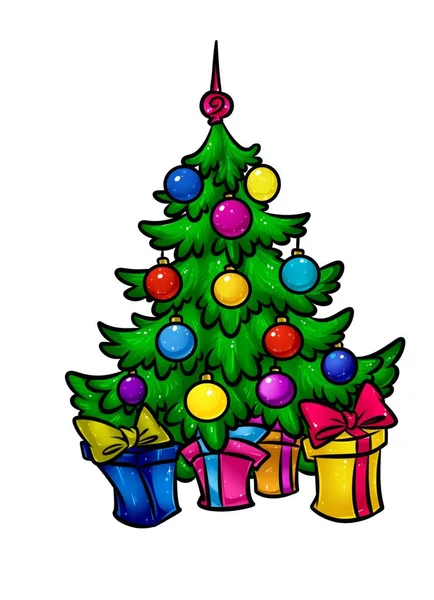 Navidad Hermoso Árbol Navidad Regalos Dibujos Animados Ilustración Imagen Aislada — Foto de Stock