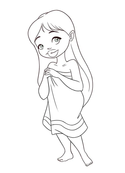 Beautiful Girl Bathing Towel Cartoon Illustration Isolated Image Coloring Page — Stock Photo, Image