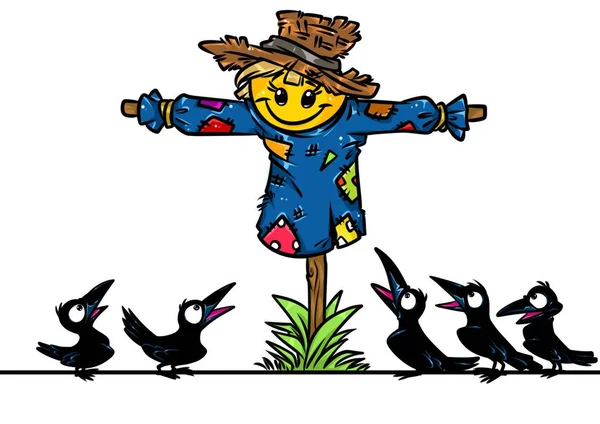 Scarecrow garden ravens amazement cartoon illustration isolated image