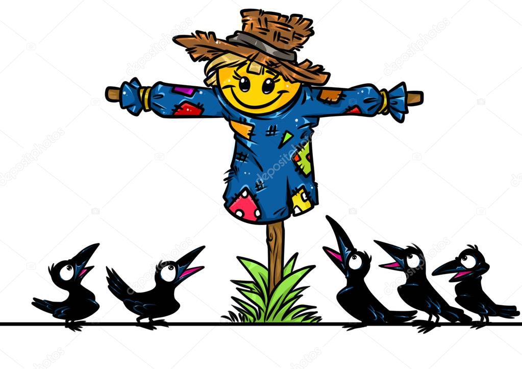 Scarecrow garden ravens amazement cartoon illustration isolated image